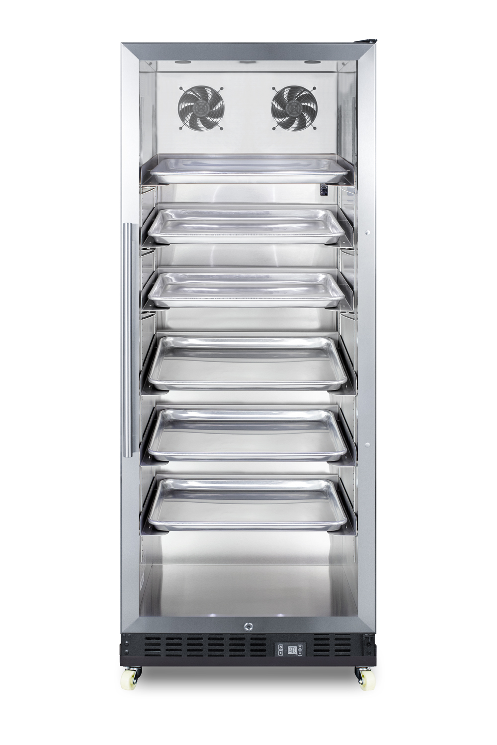 Commercial beverage merchandiser designed for the display and refrigeration of beverages and sealed food, with 11 cu.ft. capacity, SS interior, self-closing door, sheet pans and adjustable tray supports, chrome shelves, a digital thermostat, and removable dolly